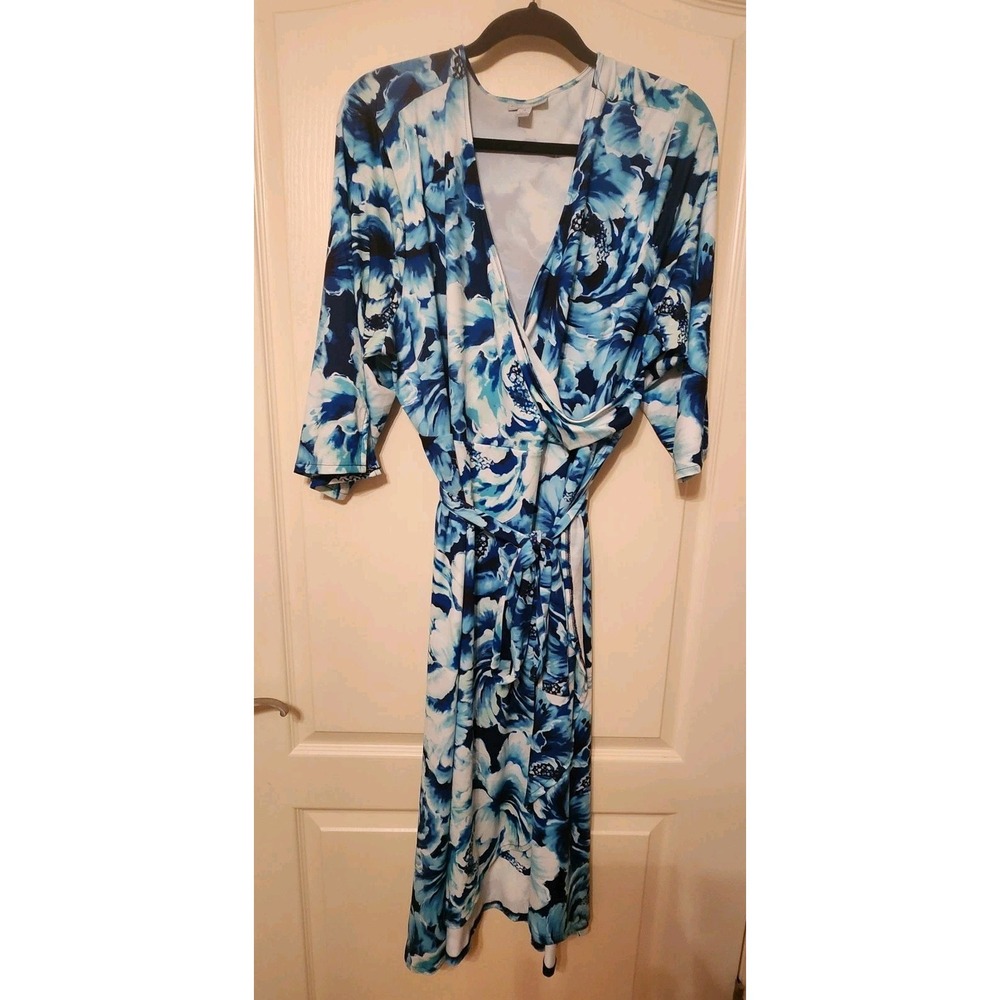 Catherine's Easy Faux Wrap Dress Blue Floral 3/4 Sleeve High Low Plus Size 1X